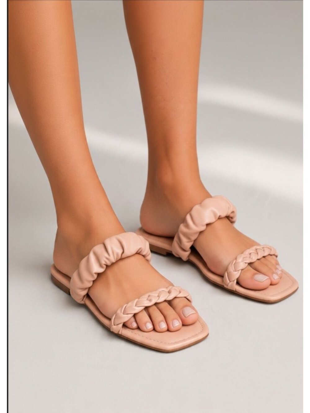 Nude PU Square Toe Sandals With Braided Strap & Padded